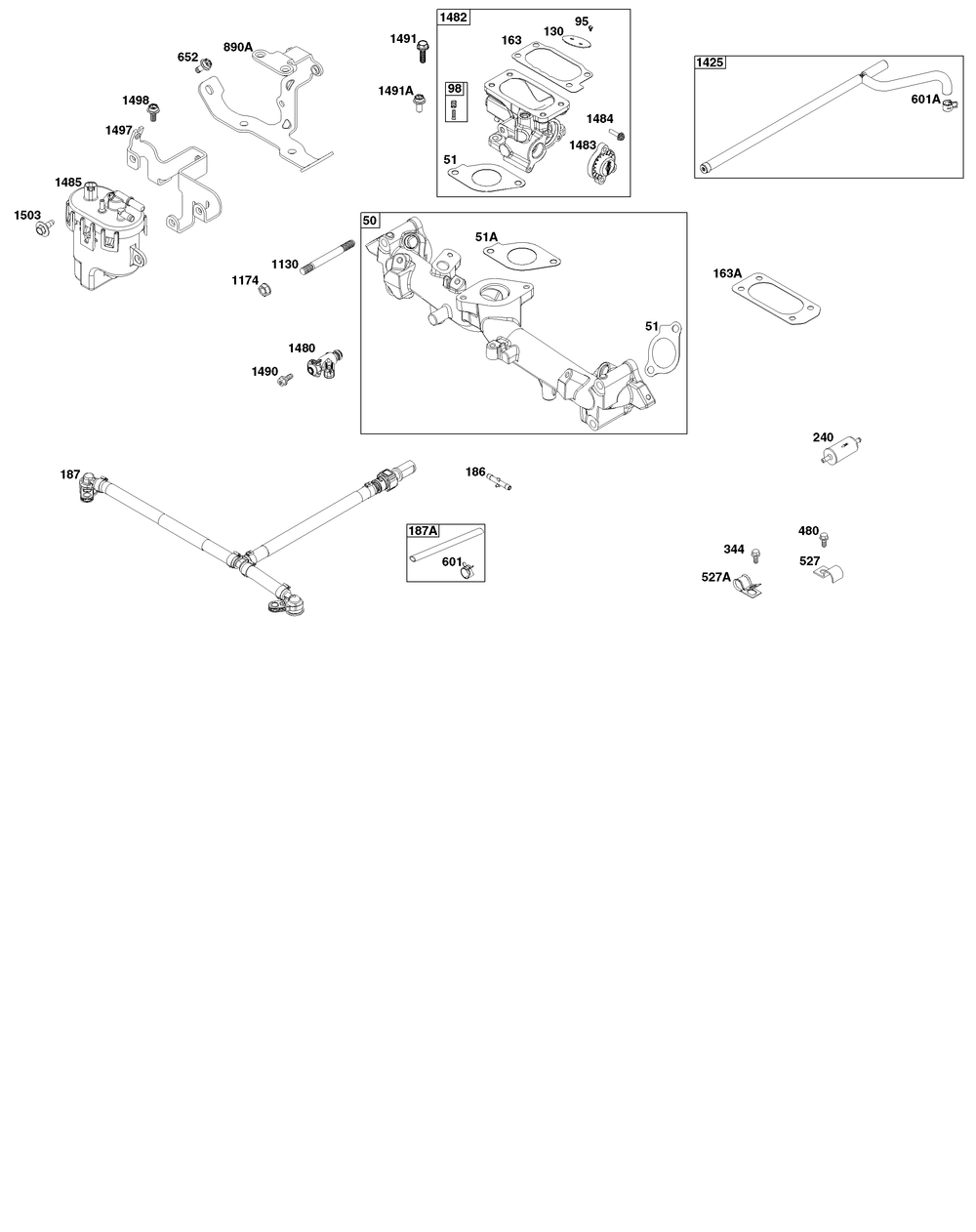 Throttle Body, And Fuel Supply Group Diagram and Parts List for 61E377-0056-J1 400000 - 699999 Briggs and Stratton Engine